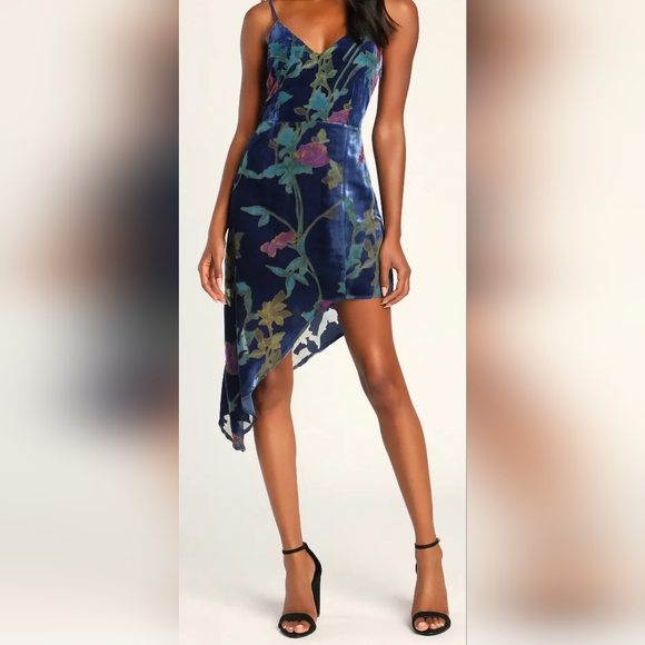 Lulus Evening With You Dark Blue Floral Velvet Asymmetrical Dress Size S - Picture 9 of 10